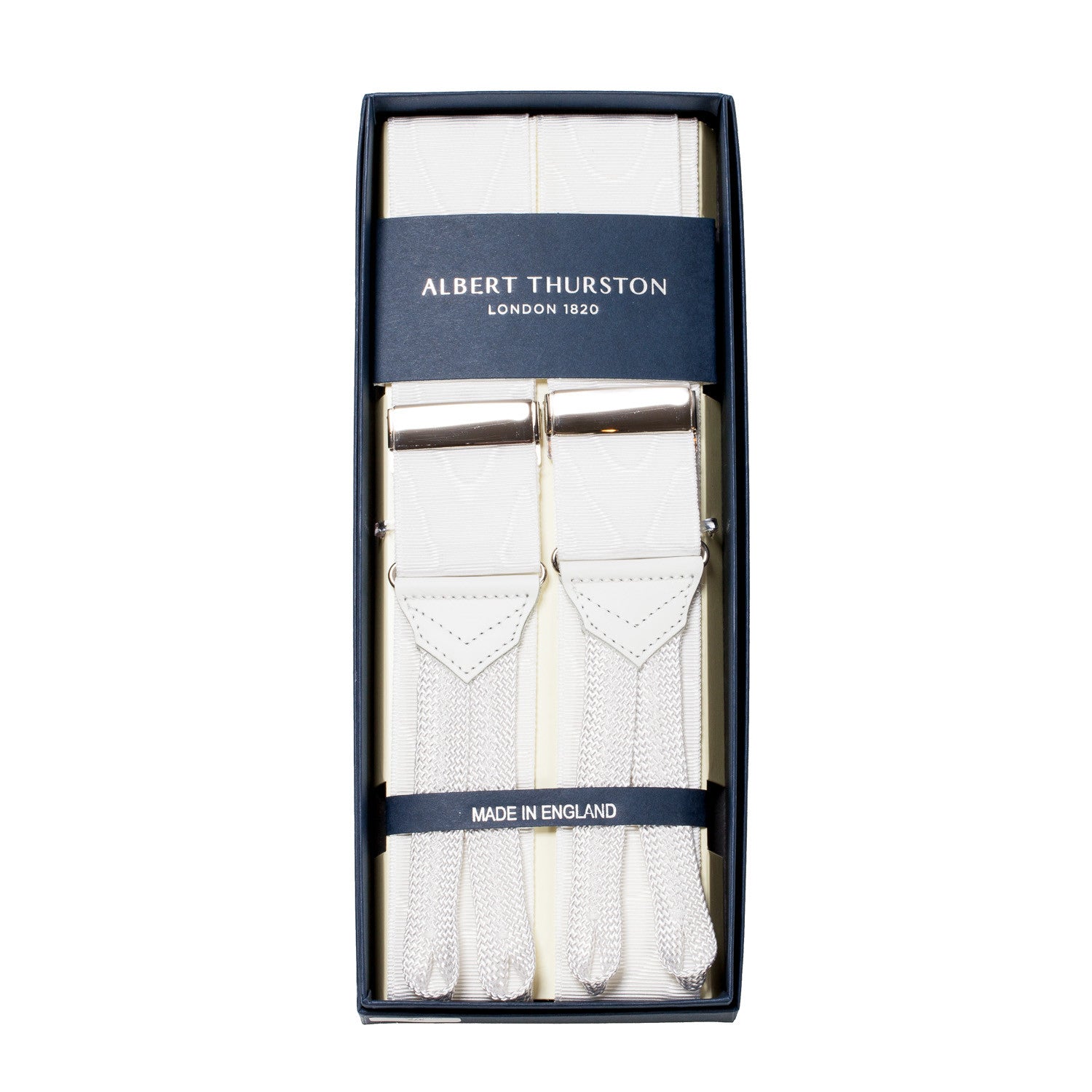 White Button Suspenders made of Silk Moiré
